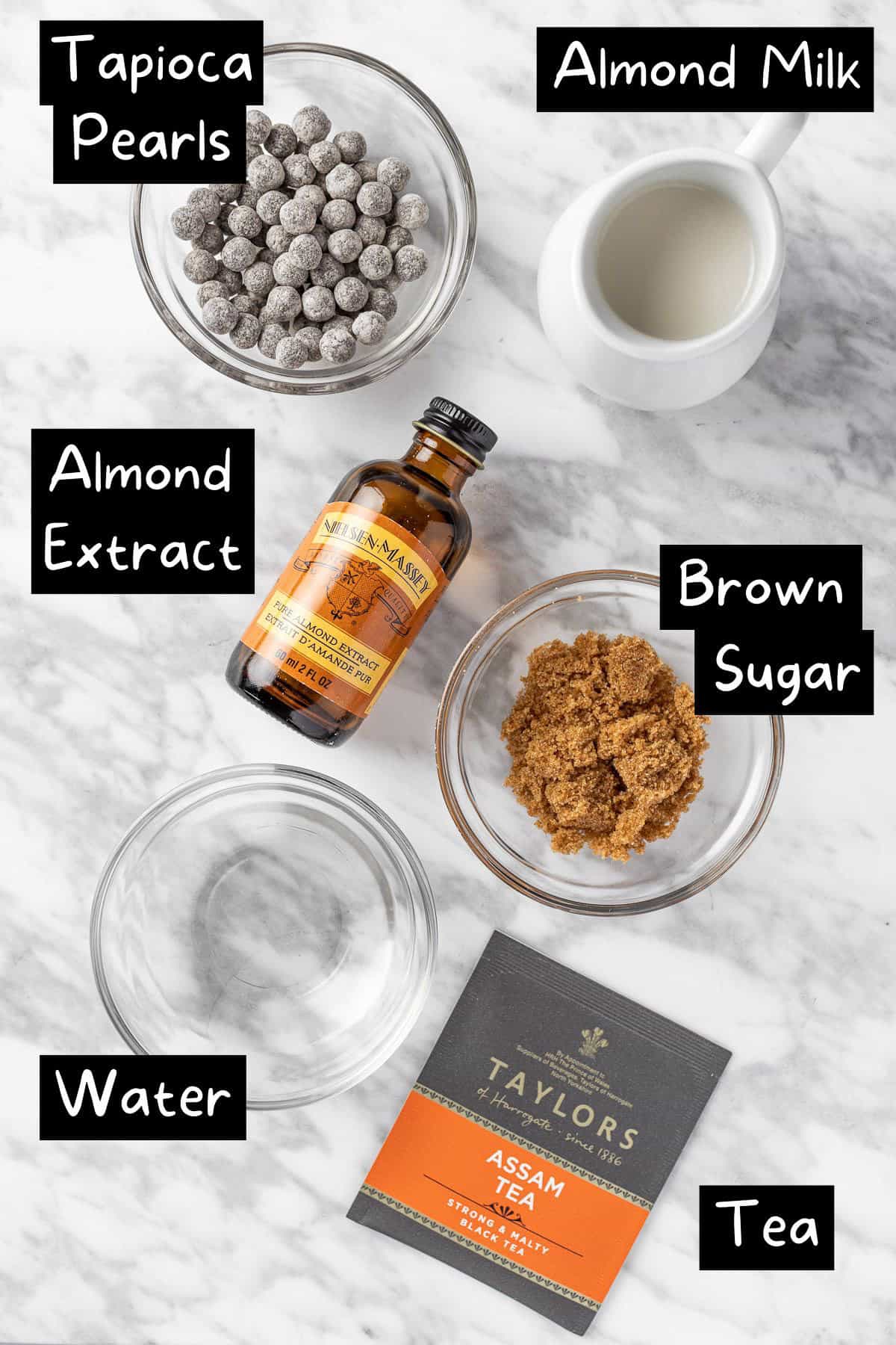 The ingredients needed to make the almond bubble tea.