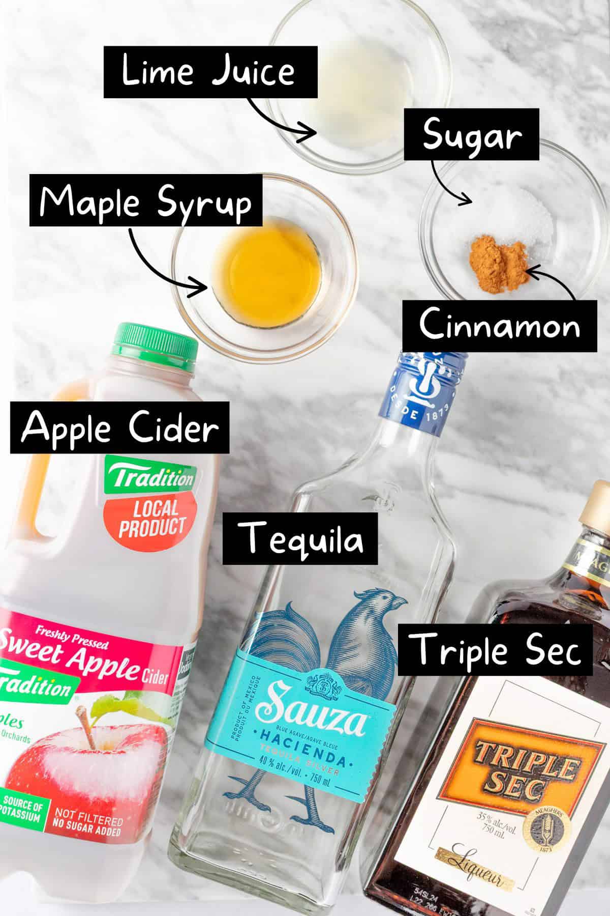 The ingredients needed to make the apple cider margarita.