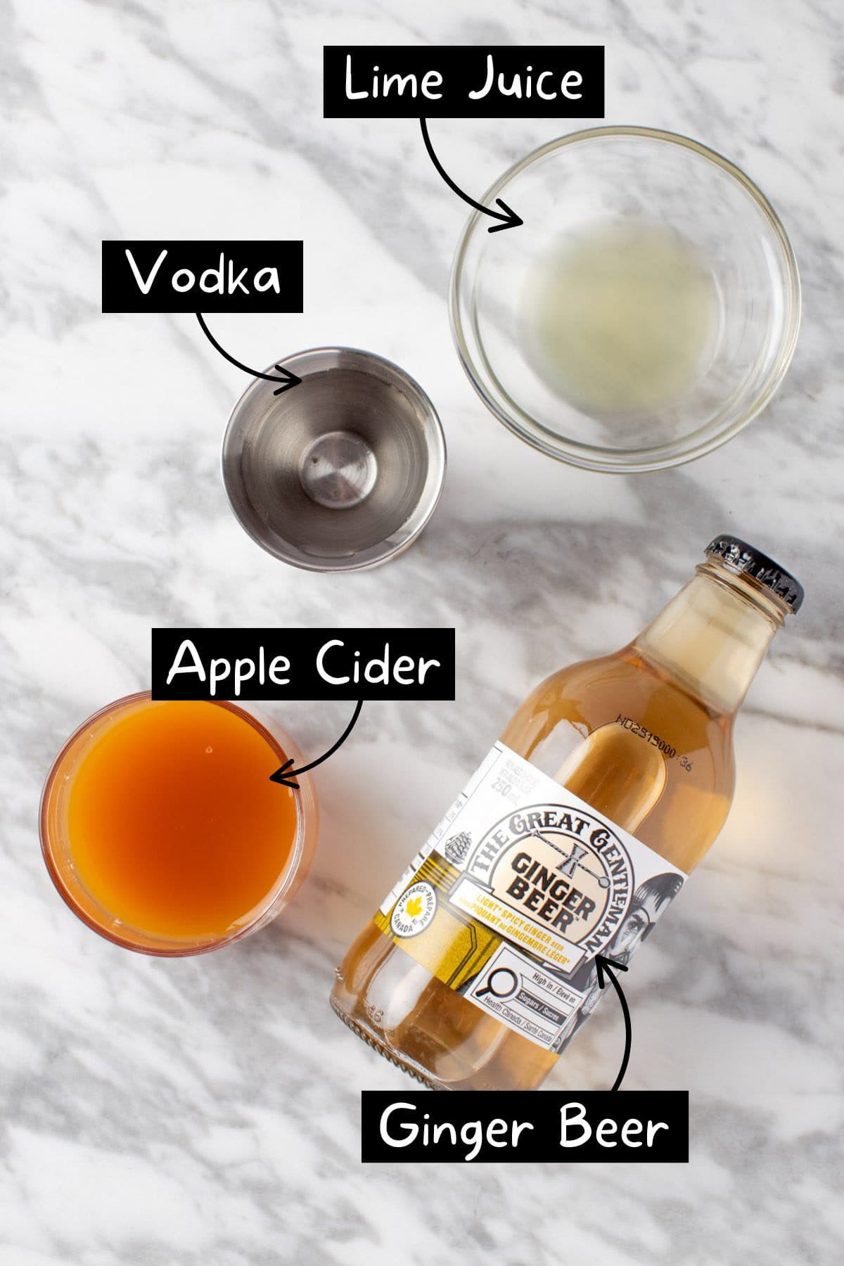 The ingredients needed to make the apple cider mule.