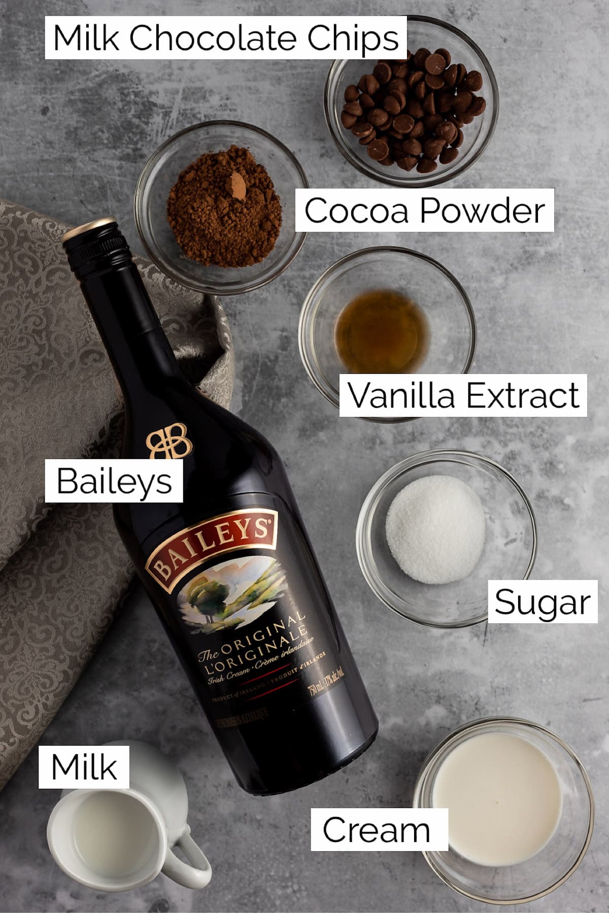 Overhead view of ingredients needed to make hot chocolate.
