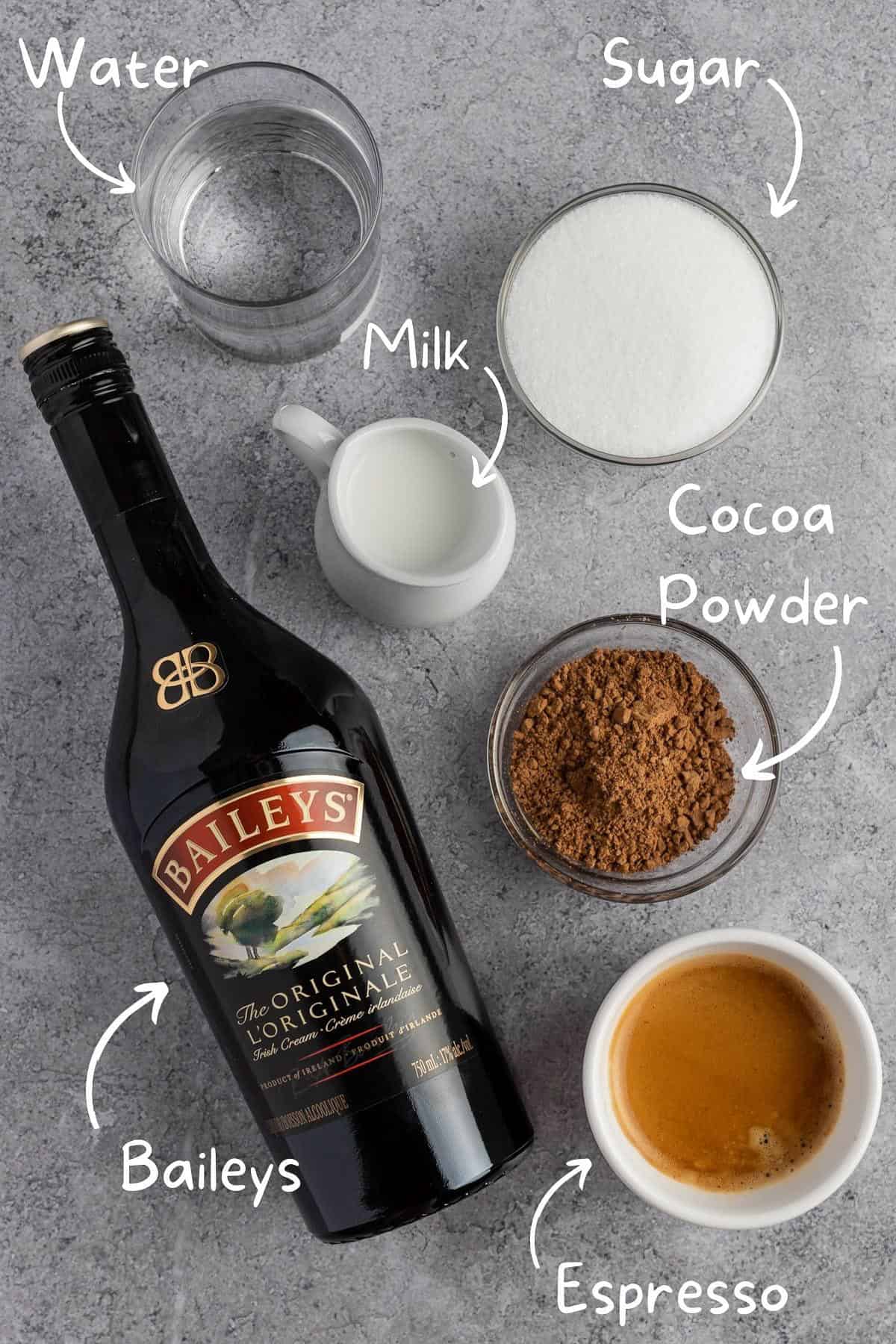 The ingredients needed to make baileys iced coffee.