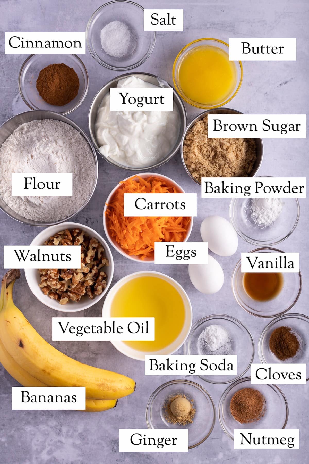 All of the ingredients that are needed to make the muffins.