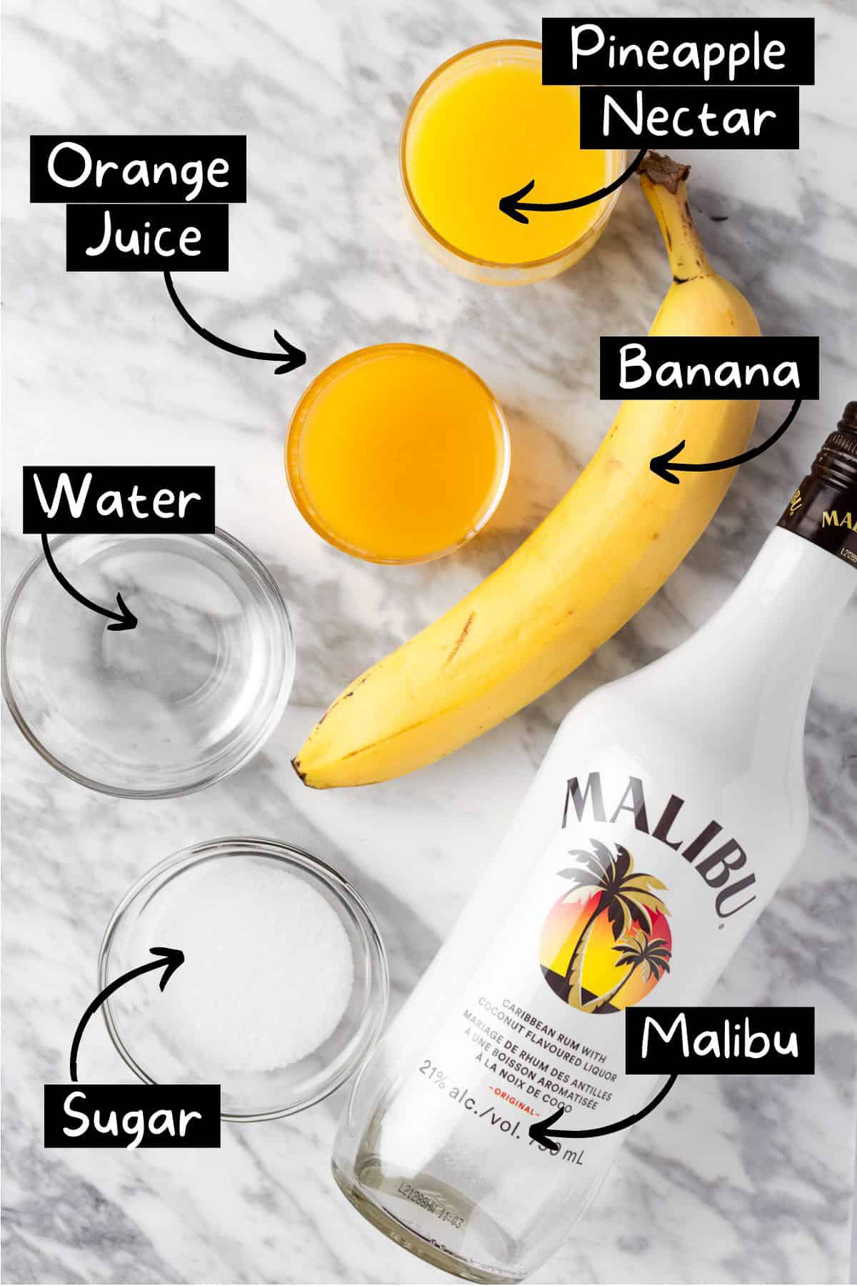 The ingredients needed to make the banana rum cocktail.