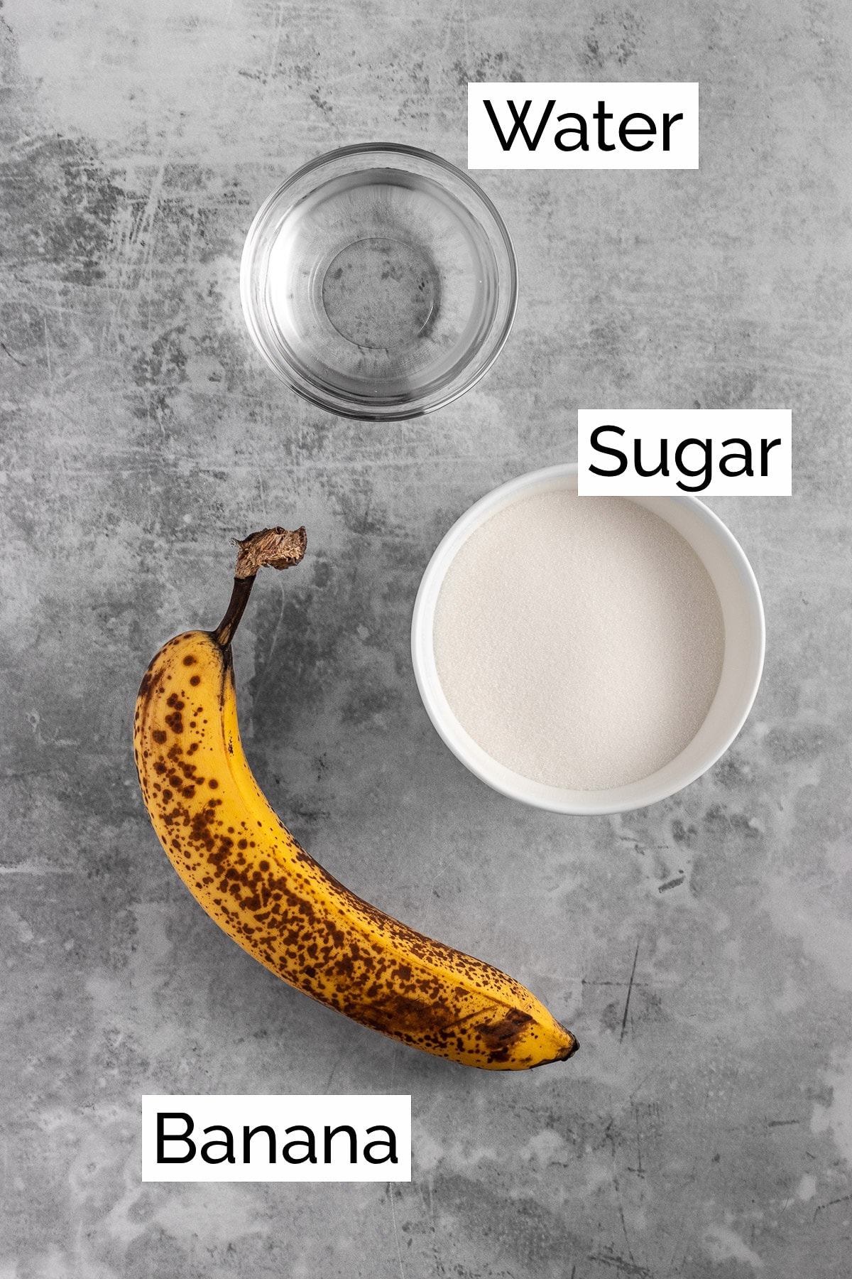 The ingredients needed to make the banana syrup.
