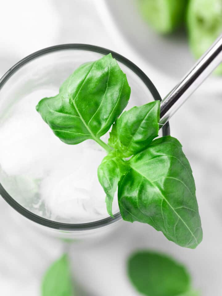 Overhead view of a basil mojito garnished with fresh basil leaves.