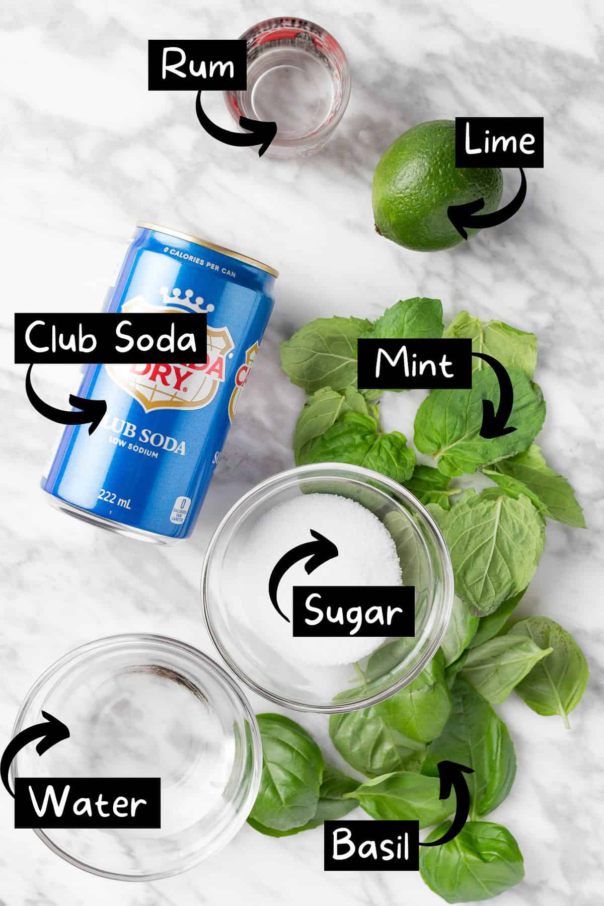 The ingredients needed to make the cocktail.