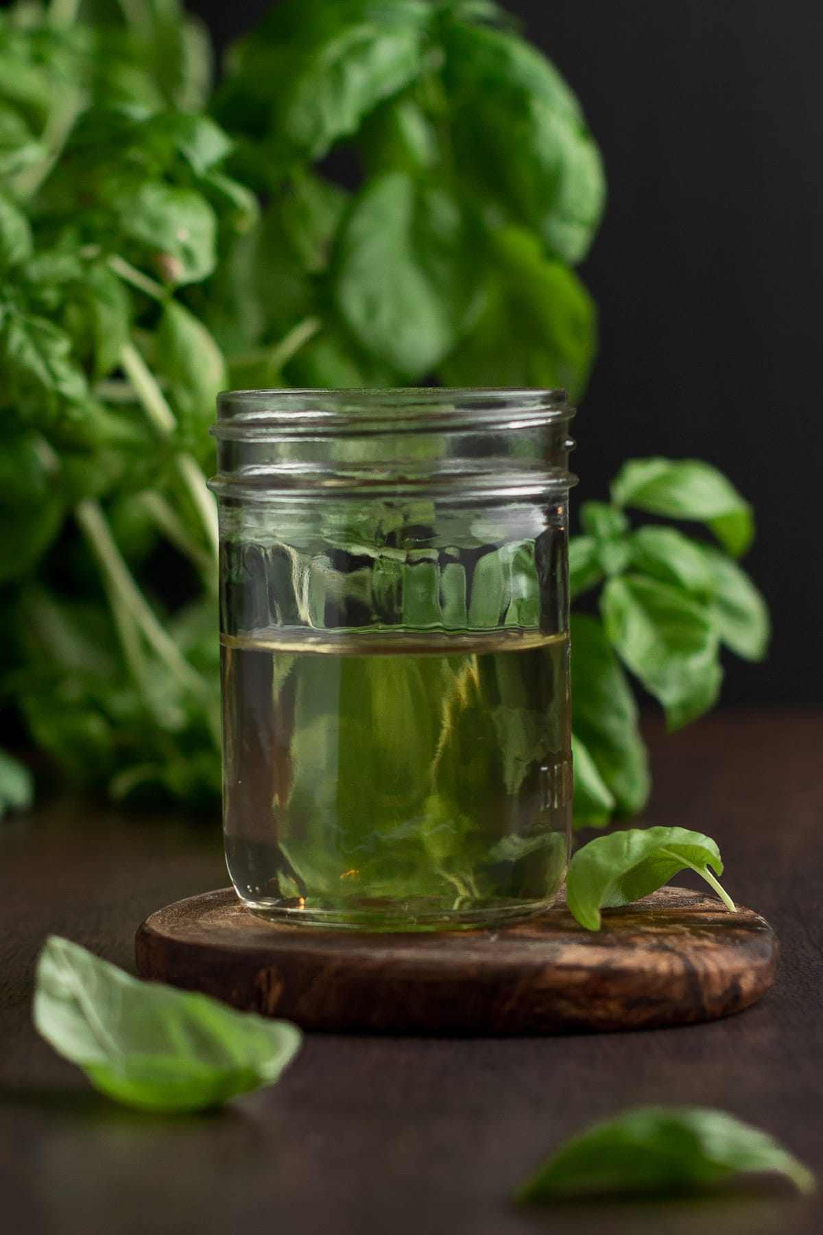 A mason jar of basil simple syrup, sitting on a wooden coaster with a basil plant in the background.