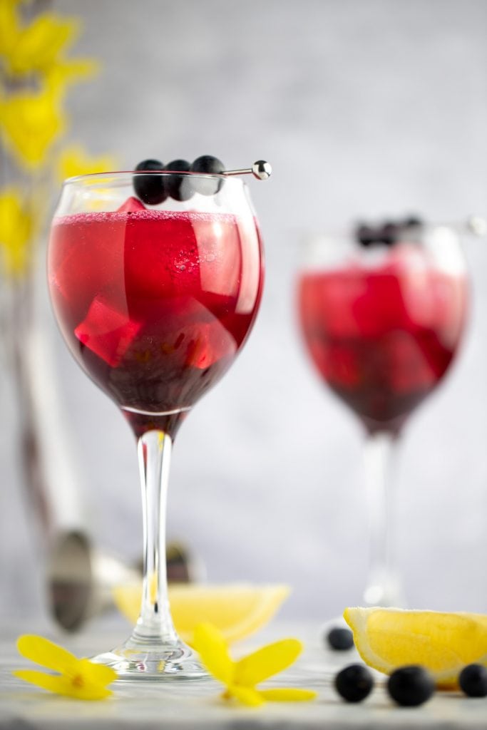 A glass of blueberry gin cocktail, next to lemon slices, blueberries and yellow flowers.