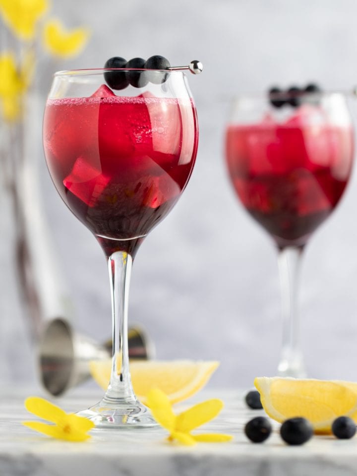 A couple glasses of blueberry gin cocktails, next to lemon slices and blueberries.