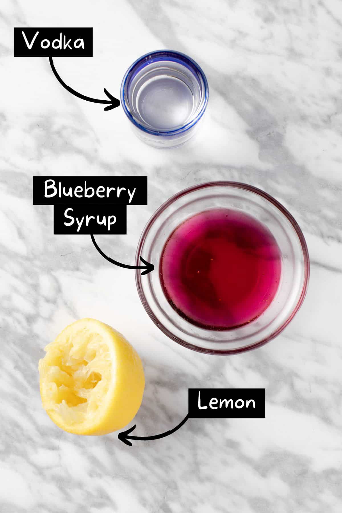 The ingredients needed for the blueberry lemon drop martini.