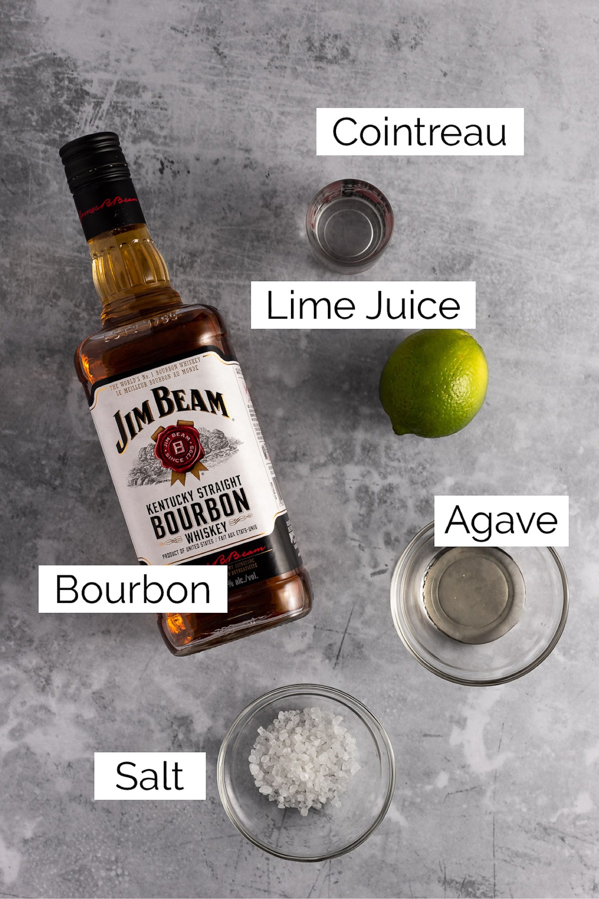 Overhead view of the ingredients needed to make the cocktail.