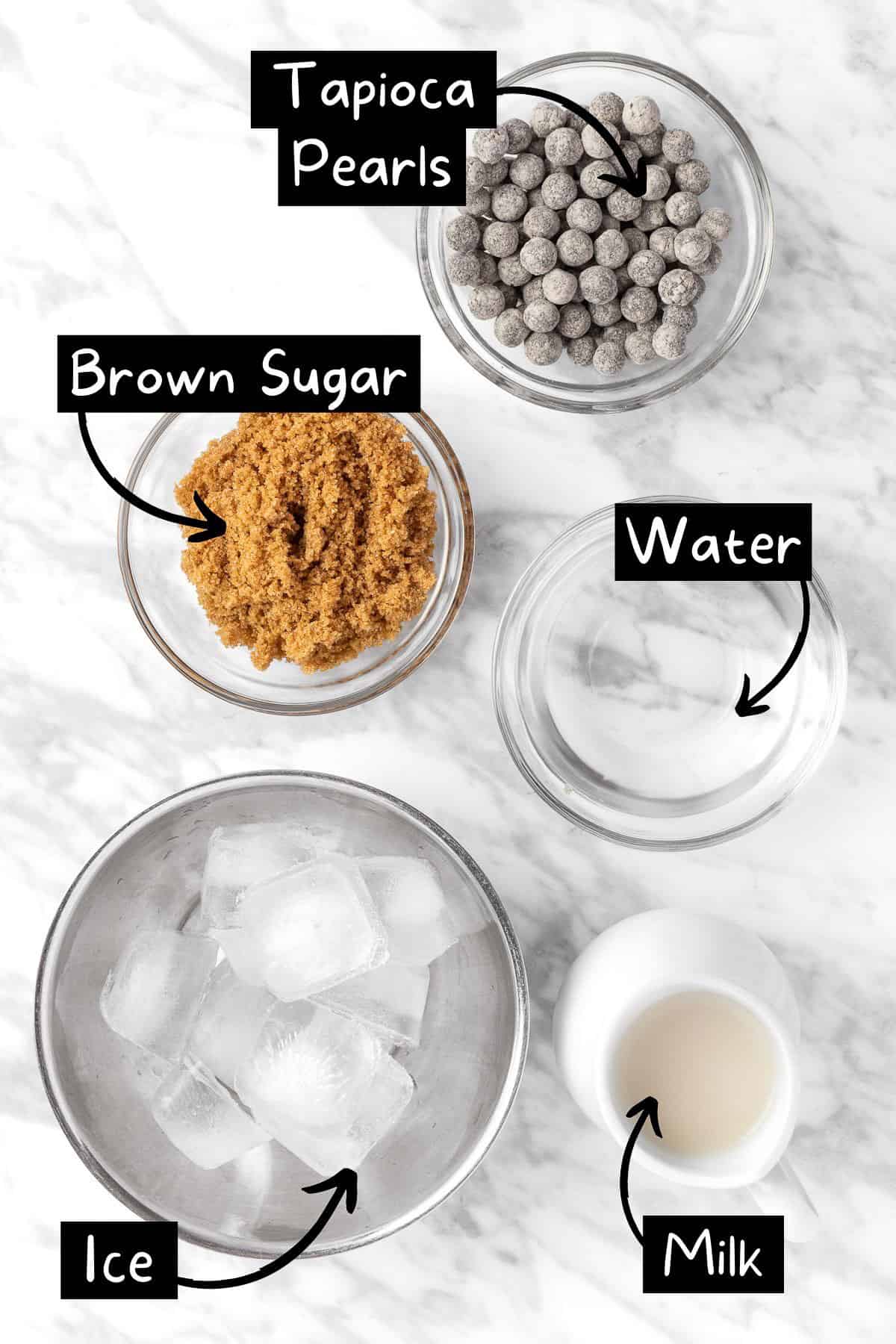 The ingredients needed to make the brown sugar milk tea.