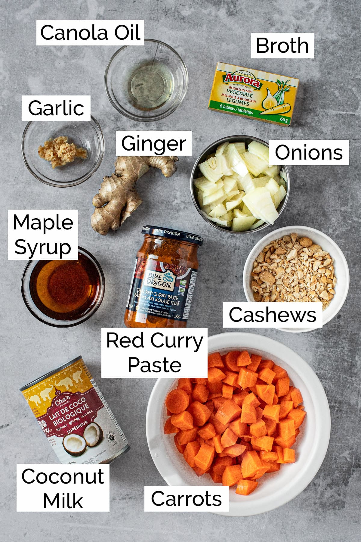 Ingredients needed to make the carrot ginger soup.