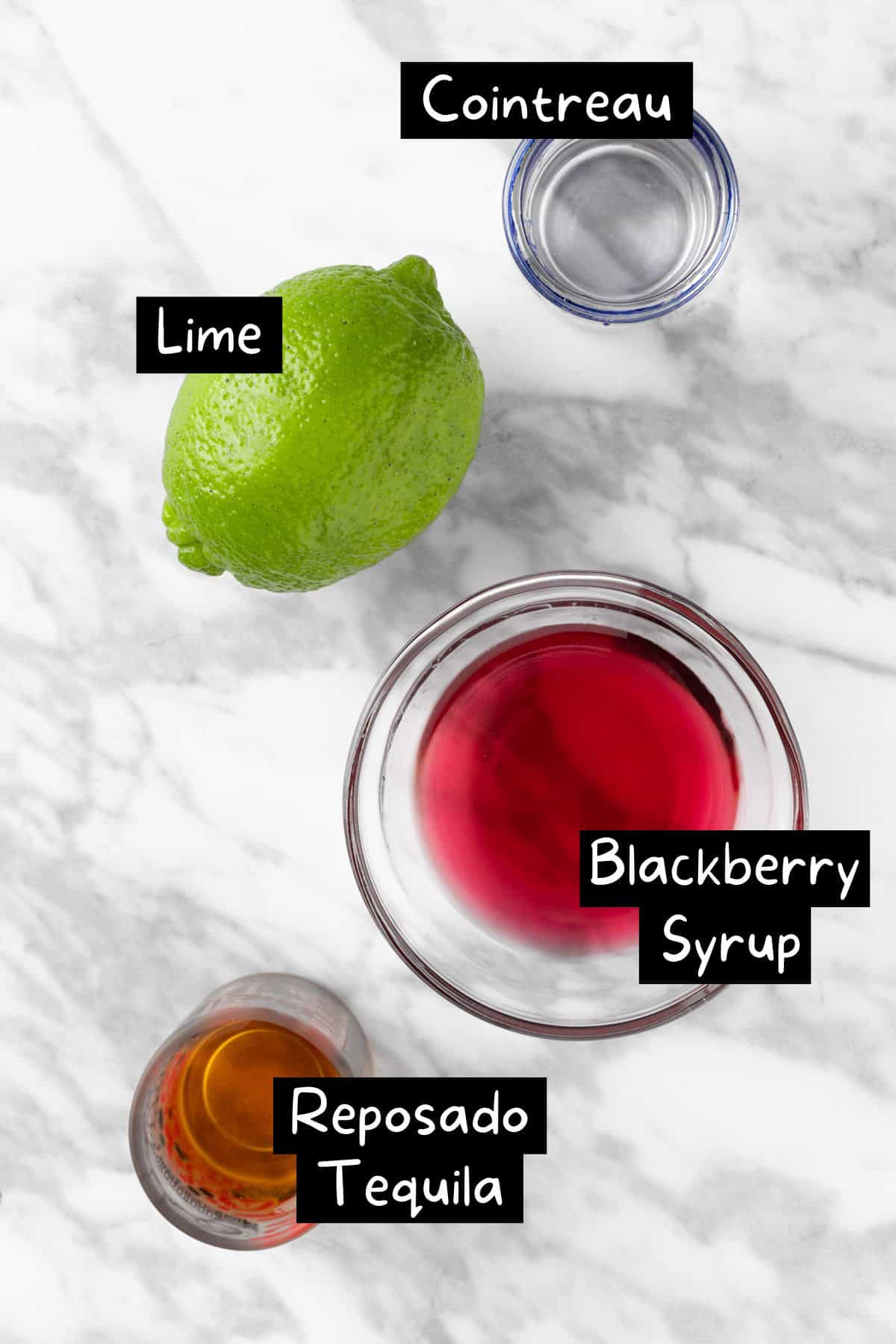 The ingredients needed for the blackberry margarita.