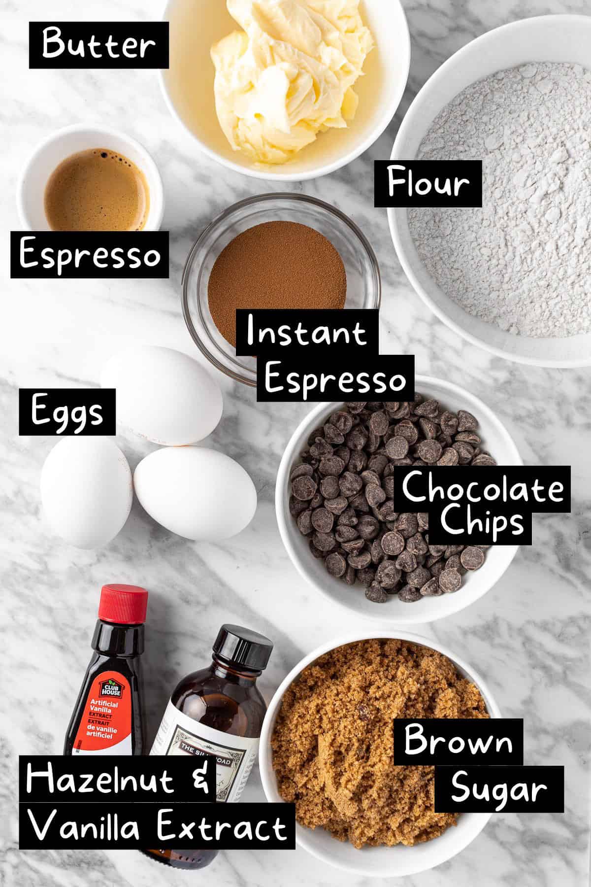 The ingredients needed to make the espresso brownies.