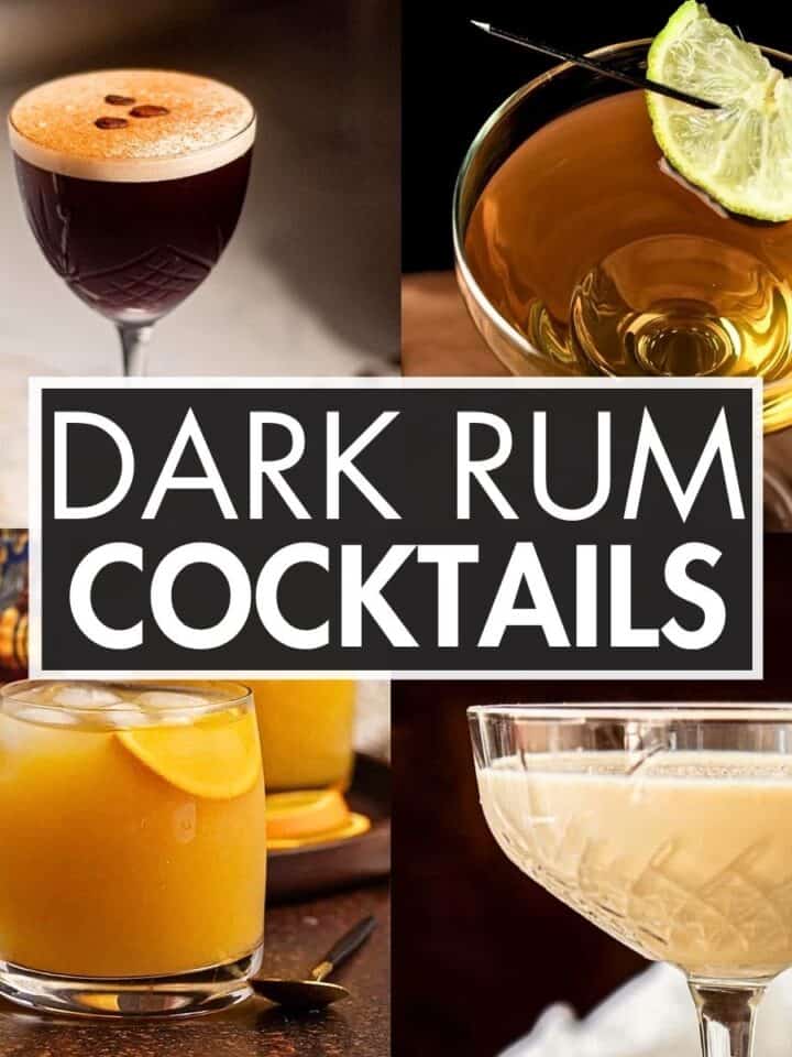 A collage of images with the text overlay: “dark rum cocktails”.