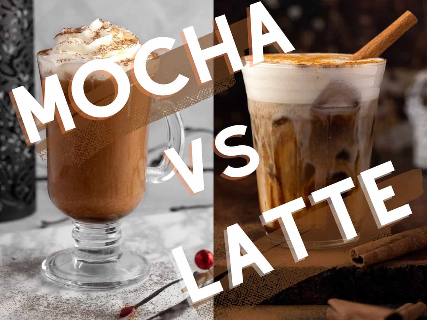 Side by side images of a mocha and a latte with the text overlay: Mocha vs. Latte