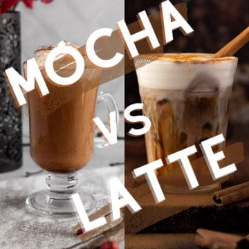 A side by side image of a mocha and a latte with the text overlay: Mocha vs Latte