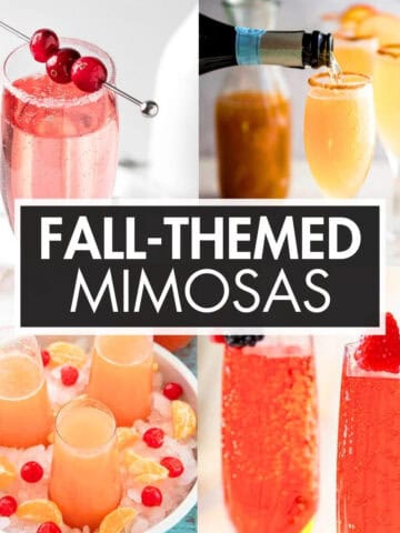 A collage of mimosa cocktails with the text overlay: “Fall-Themed Mimosas”.