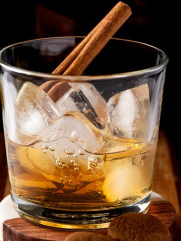 A Gingerbread Old Fashioned Cocktail garnished with a cinnamon stick.