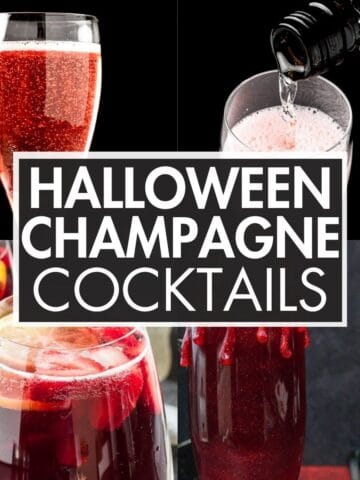 A collage of cocktails with the text overlay: “Halloween Champagne Cocktails”.