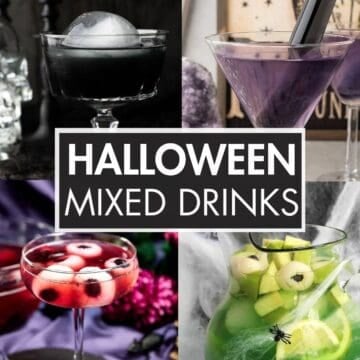 A collage of Halloween cocktails with the text overlay: “Halloween Mixed Drinks”.