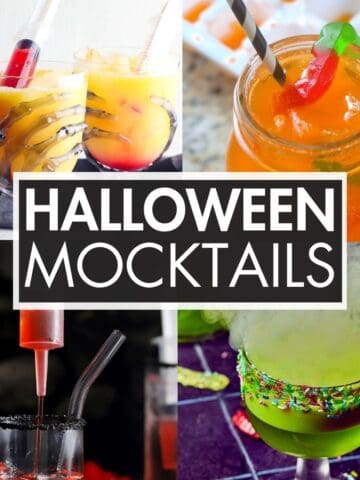 A collage of drinks with the text overlay: “Halloween Mocktails”.