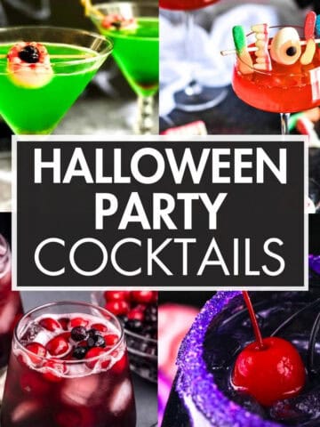 A collage of halloween cocktails with the text overlay: “Halloween Party Cocktails”.