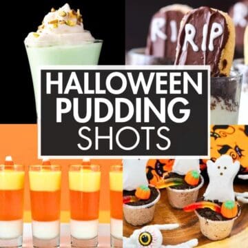 A collage of pudding shots with the text overlay: “Halloween Pudding Shots”.
