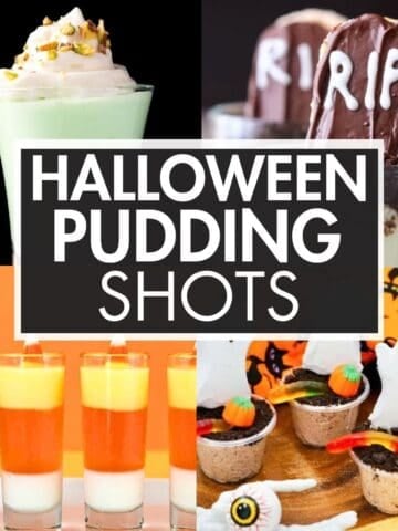 A collage of pudding shots with the text overlay: “Halloween Pudding Shots”.