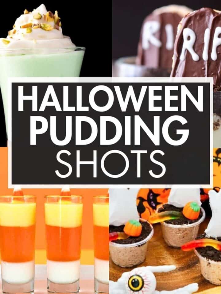 A collage of pudding shots with the text overlay: “Halloween Pudding Shots”.