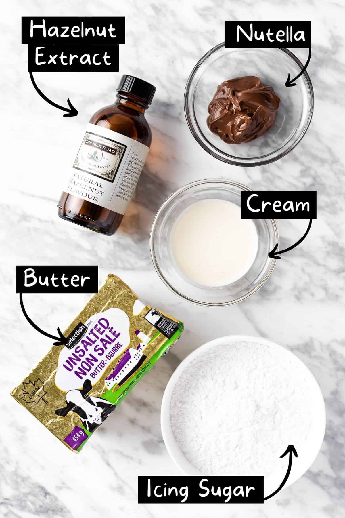 The ingredients needed to make the nutella buttercream.