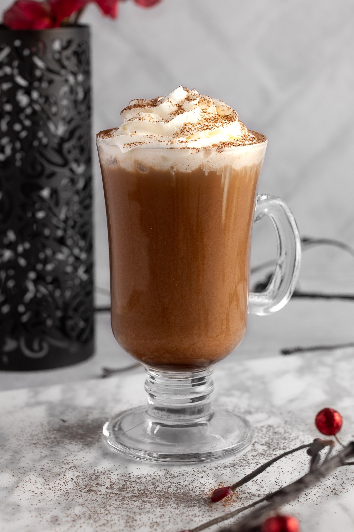 Iced mocha latte topped with whipped cream and sprinkled cocoa powder, with red flowers in the background.