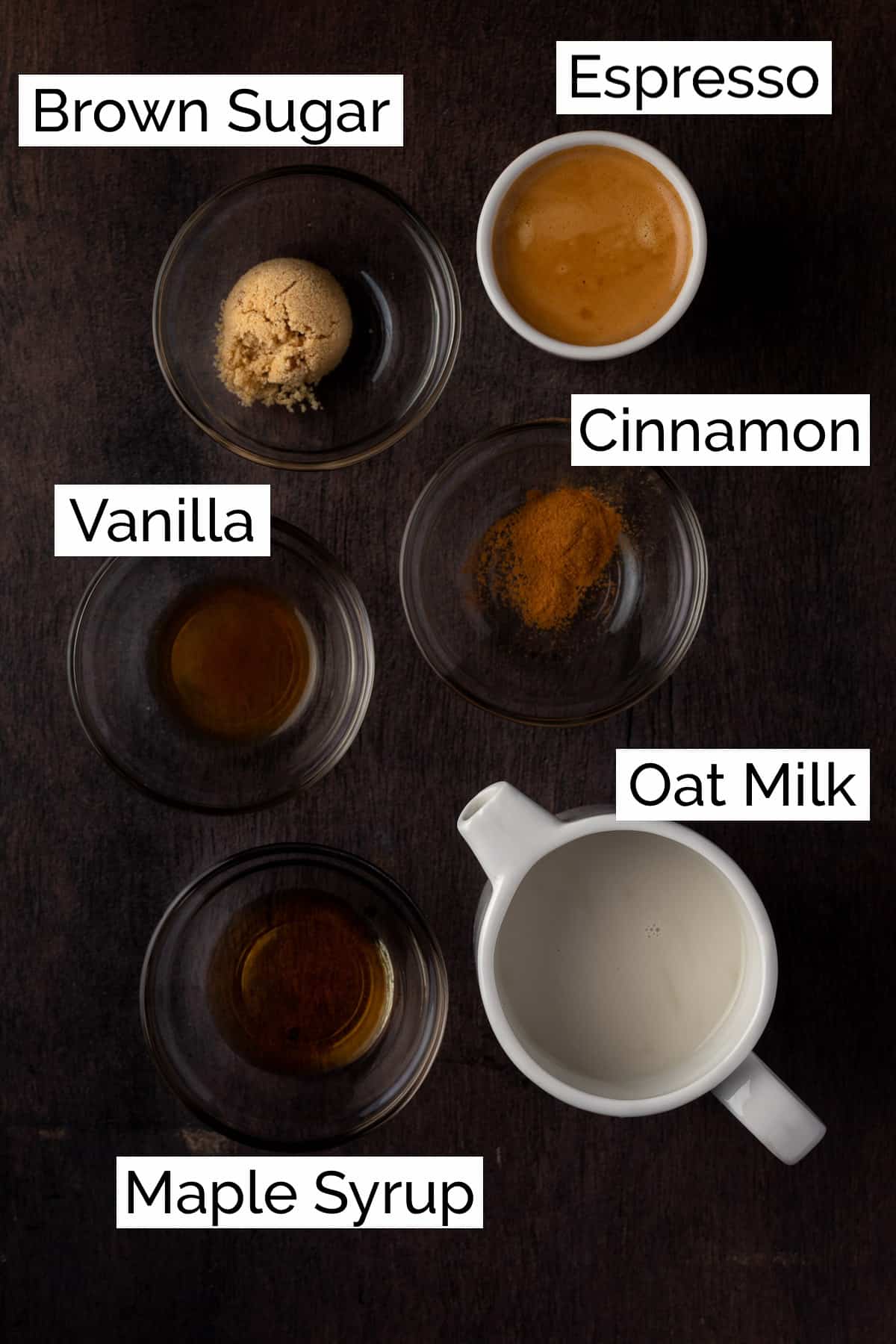 Overhead view of the ingredients needed to make the oat milk latte.