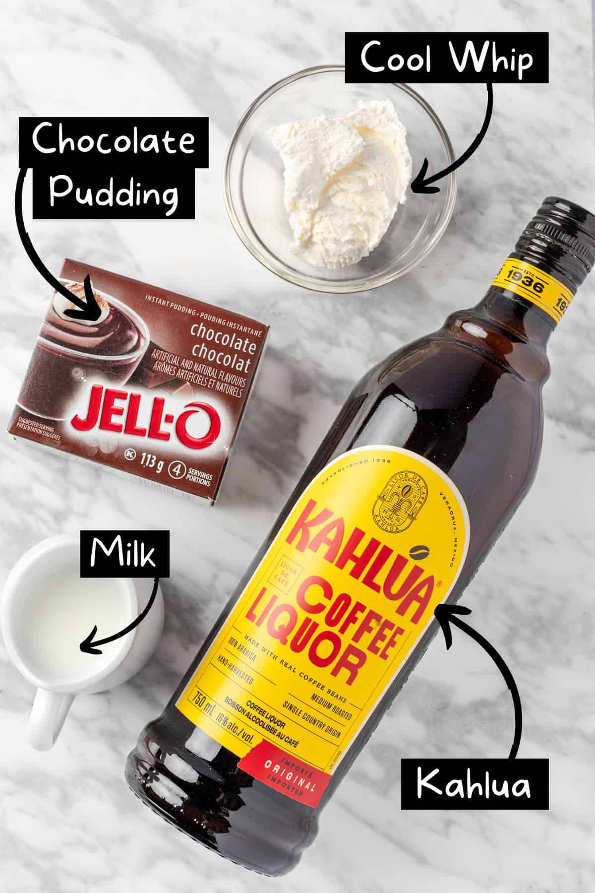 The ingredients needed for the pudding shots with Kahlua.
