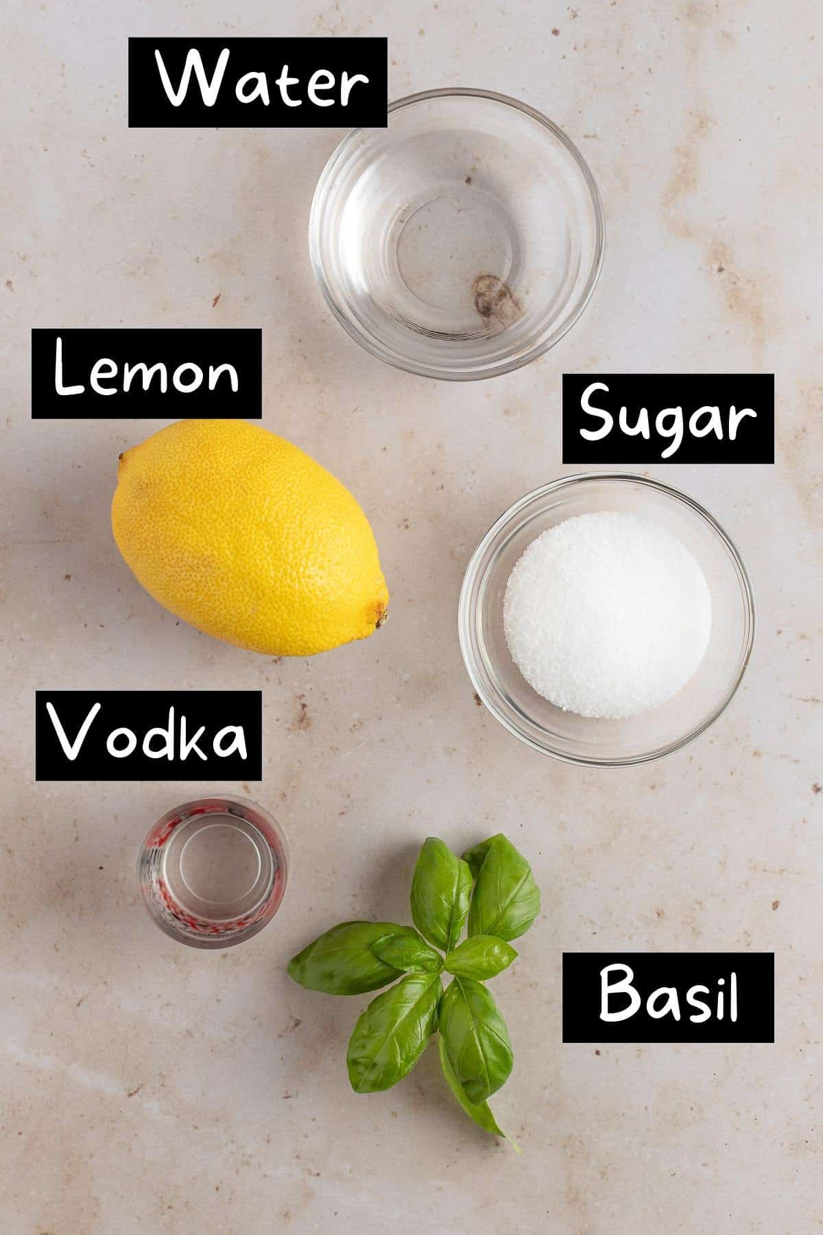 The ingredients needed to make the martini.