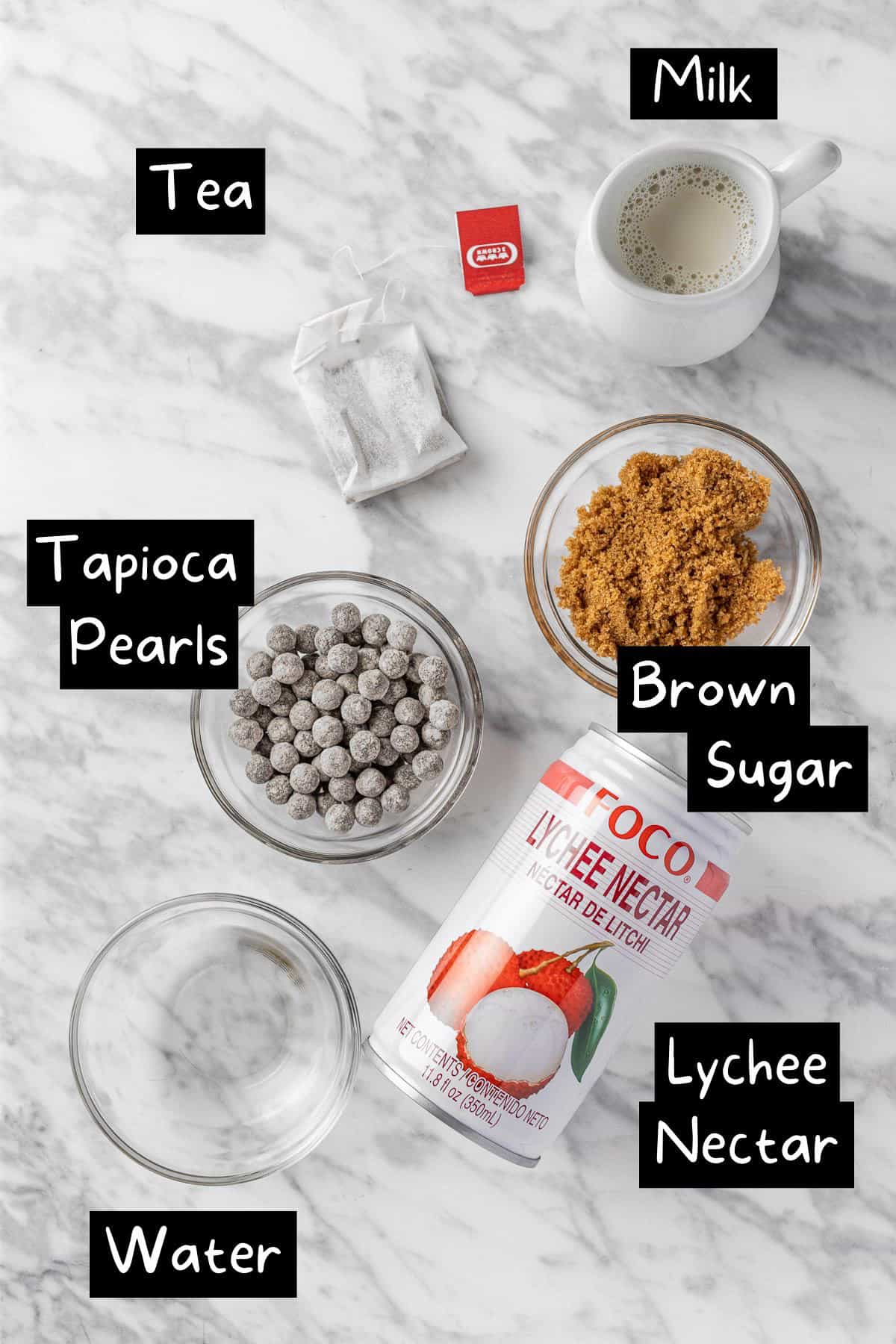 The ingredients needed to make the bubble tea.