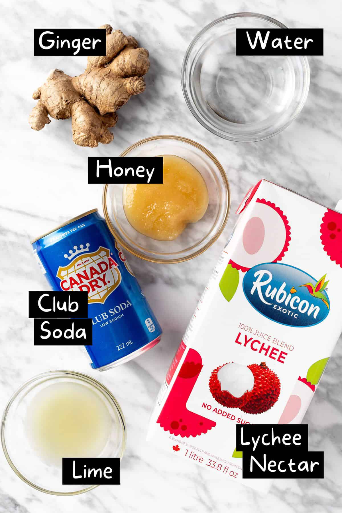 The ingredients needed to make the lychee mocktail.