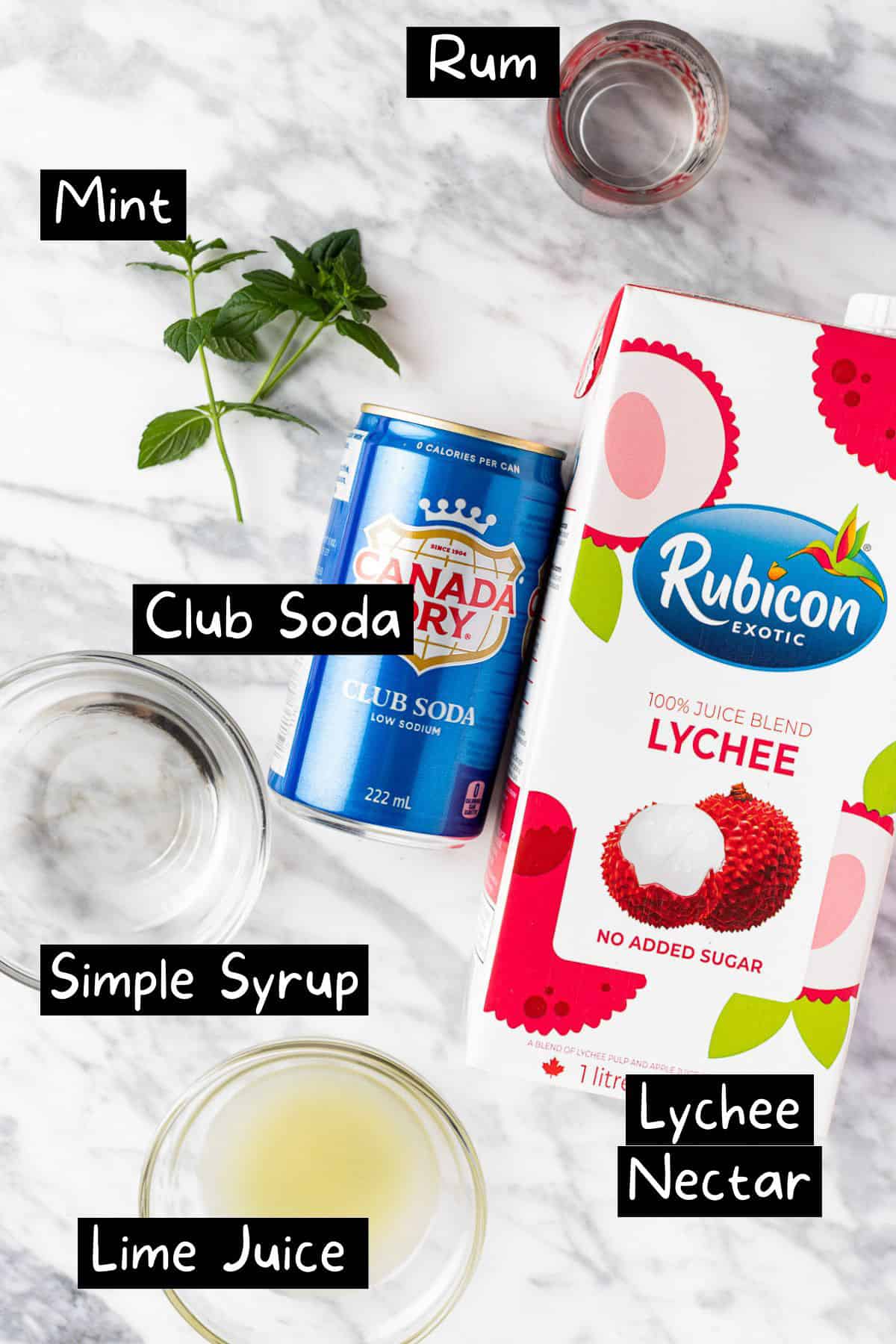 The ingredients needed to make the lychee mojito.