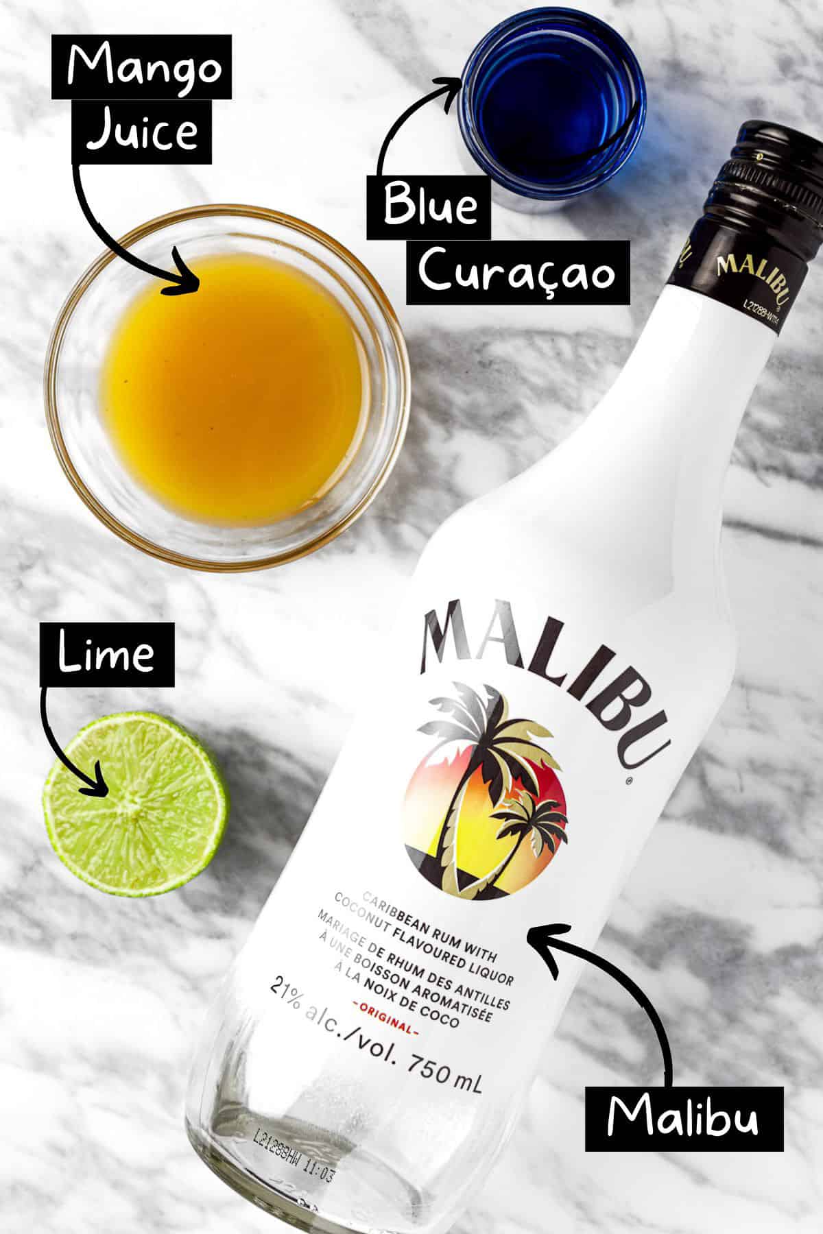 The ingredients needed to make the malibu rum shots.