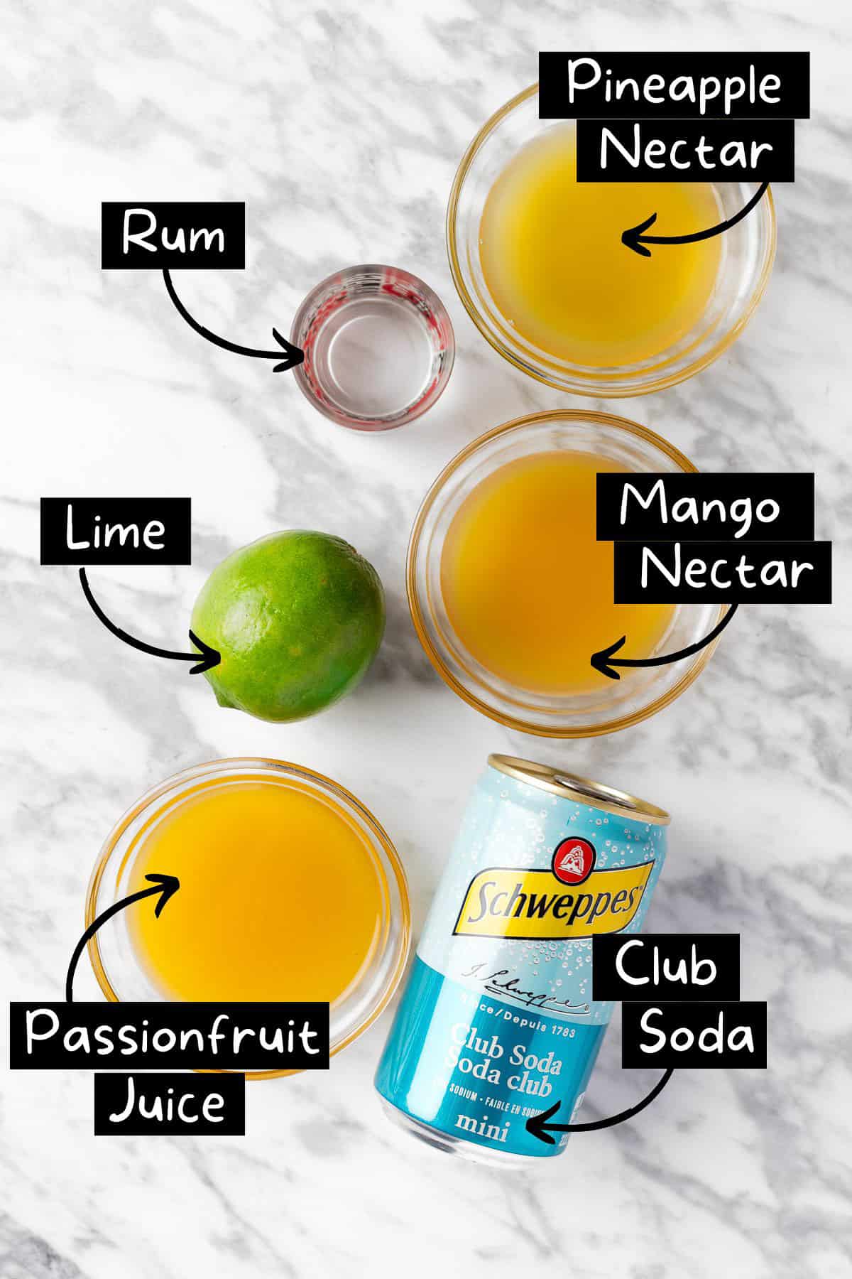 The ingredients needed to make the mango rum cocktail.