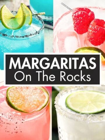 A collage of margaritas with the text overlay: “Margaritas On The Rocks”.