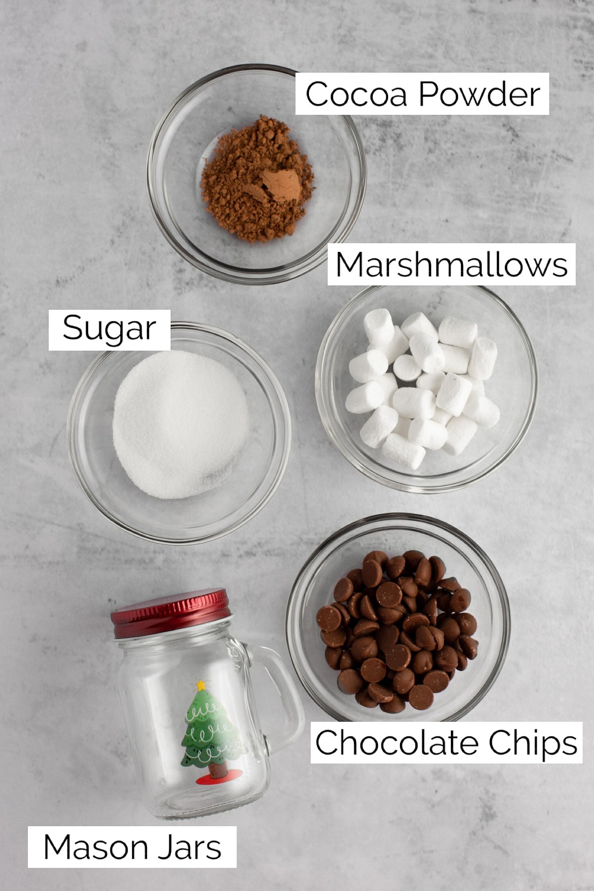 Overhead photo of the ingredients needed to make the hot chocolate jars.