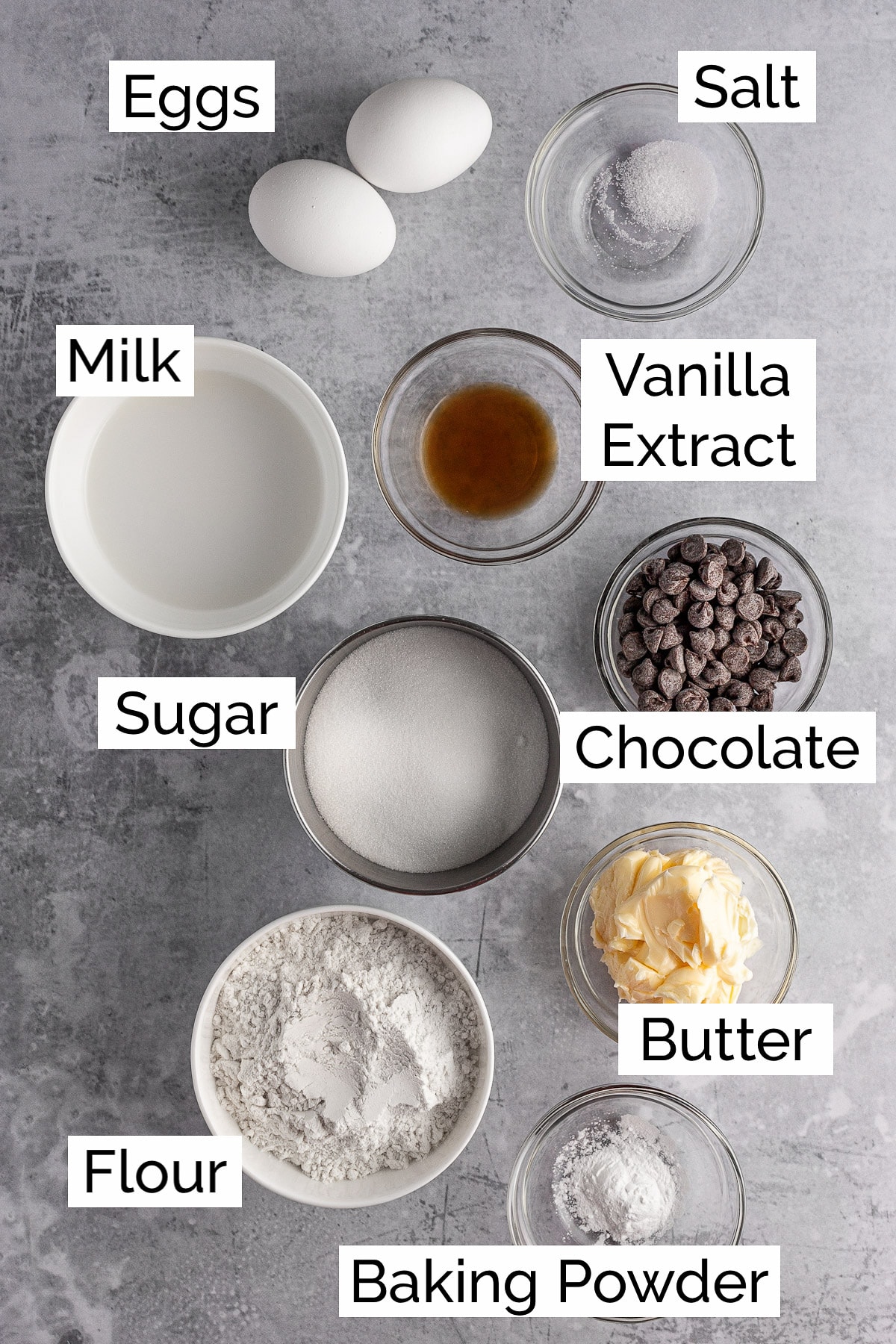 The ingredients needed to make a chocolate mini layered cake.