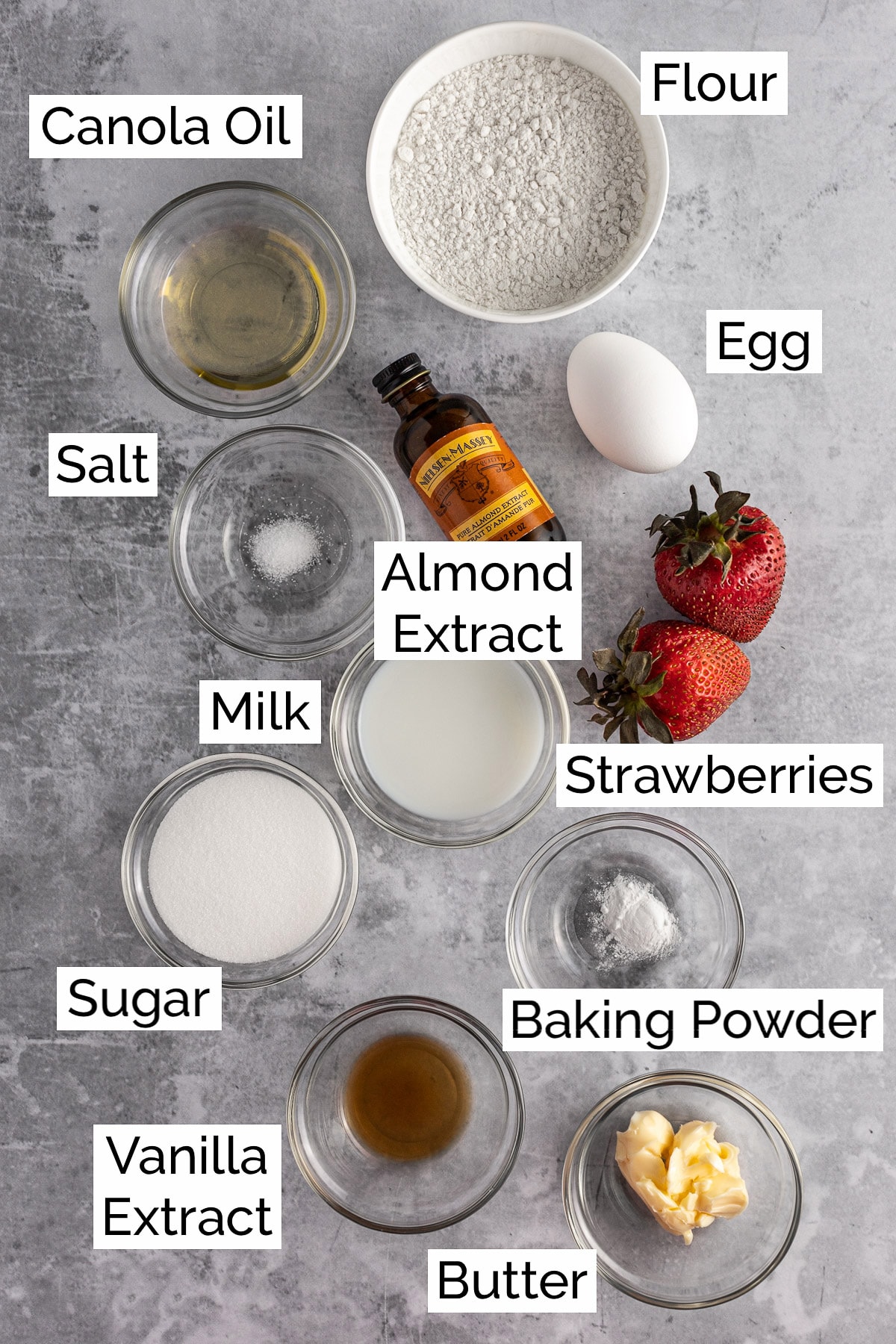 Overhead view of the ingredients needed to make the strawberry cake.
