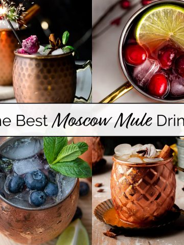 A collage of four different moscow mule drinks: raspberry, cranberry, blueberry and pumpkin mule cocktails.