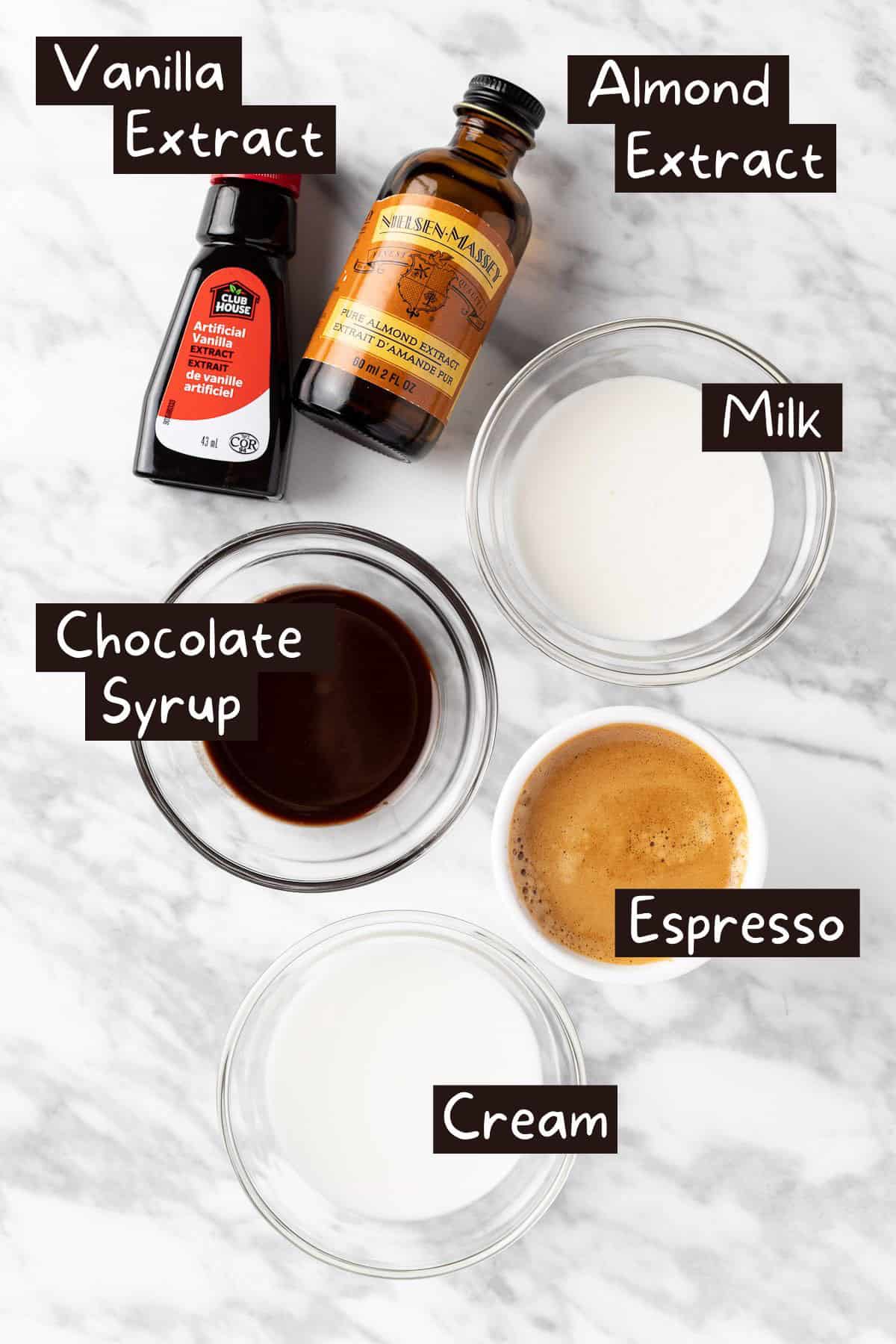 The ingredients needed to make the alcohol free Baileys.