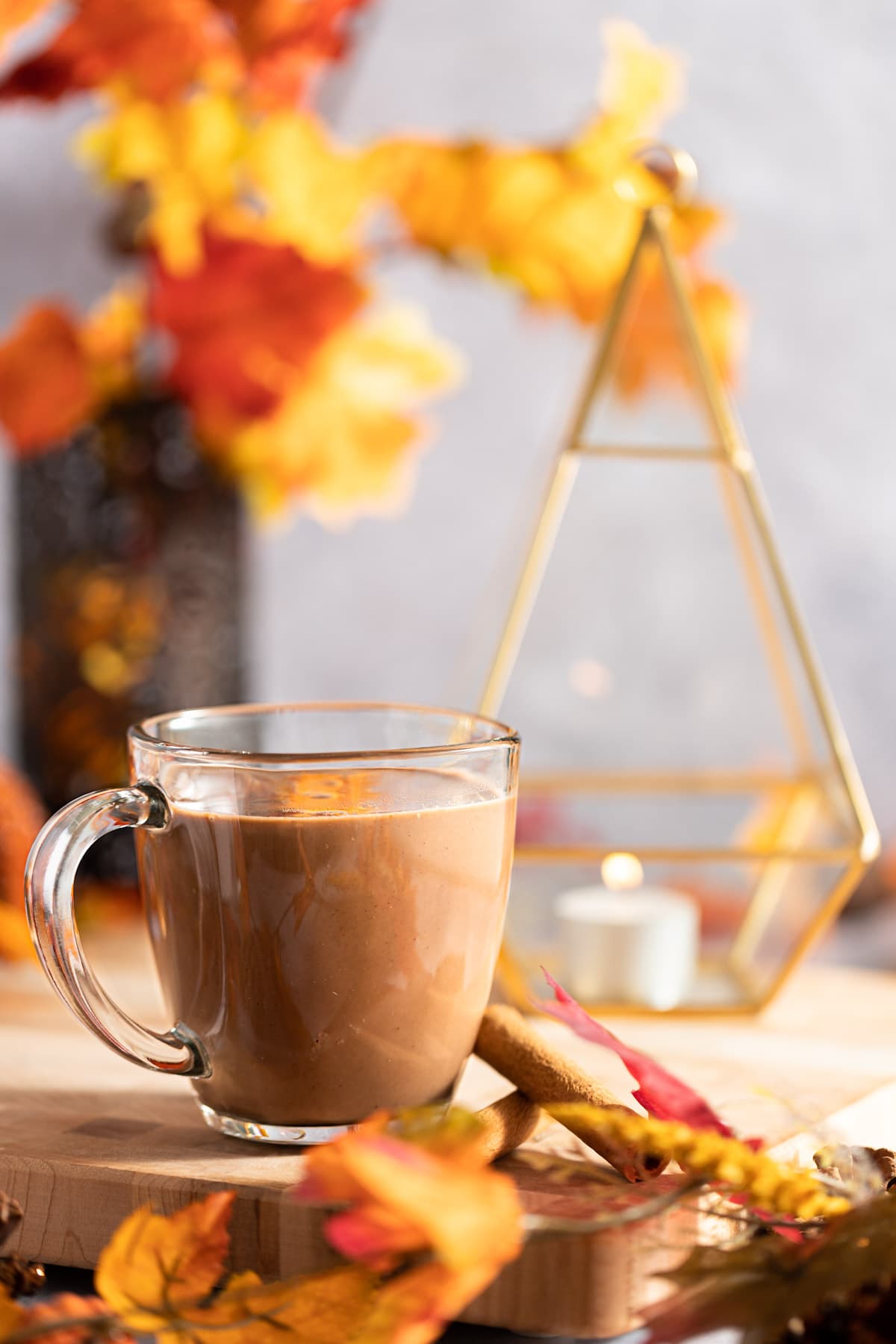 A cup of oat milk hot cocoa on a brown serving board, surrounded by orange leaves.