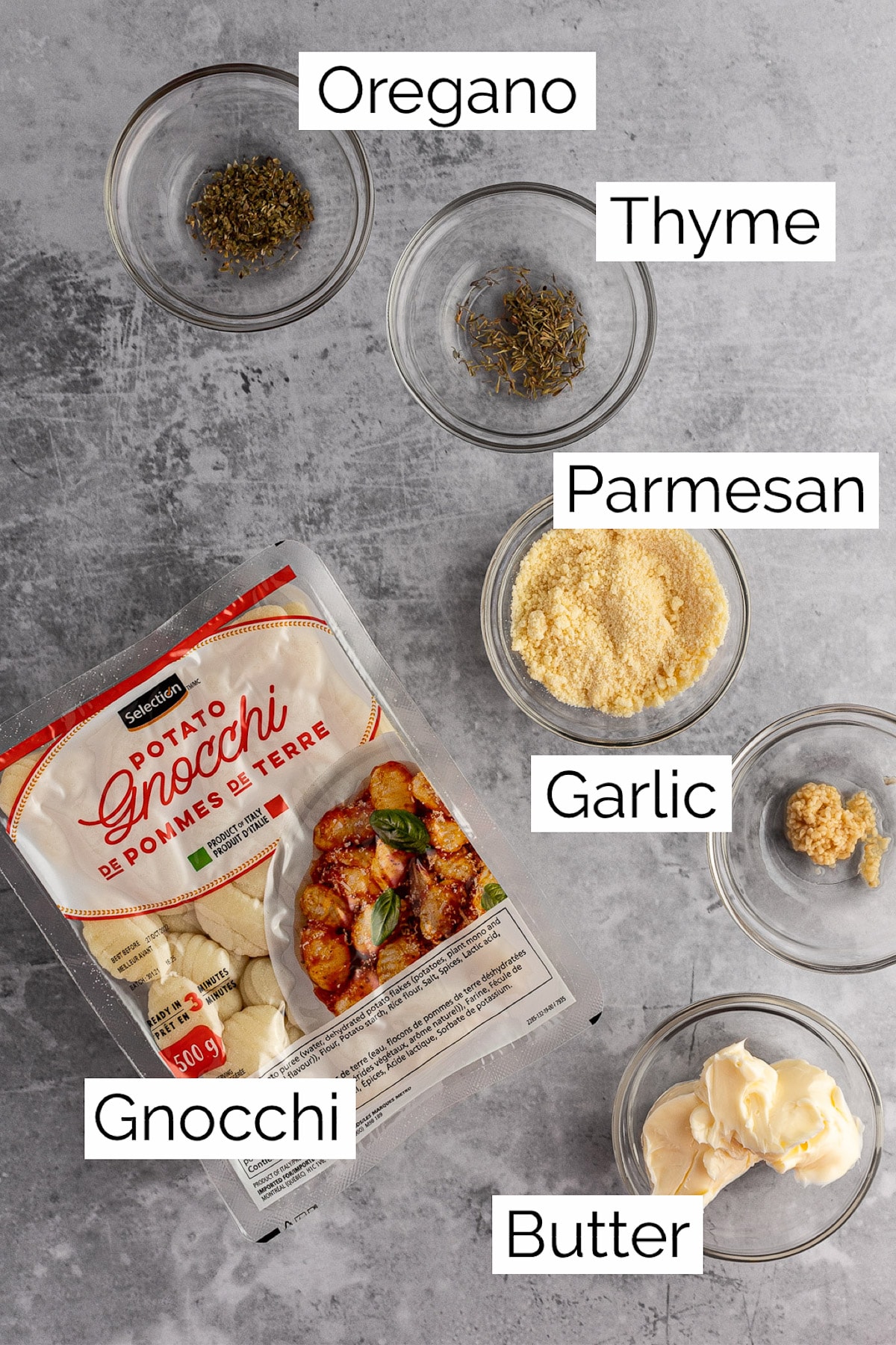 Overhead view of ingredients needed to make the crispy gnocchi.