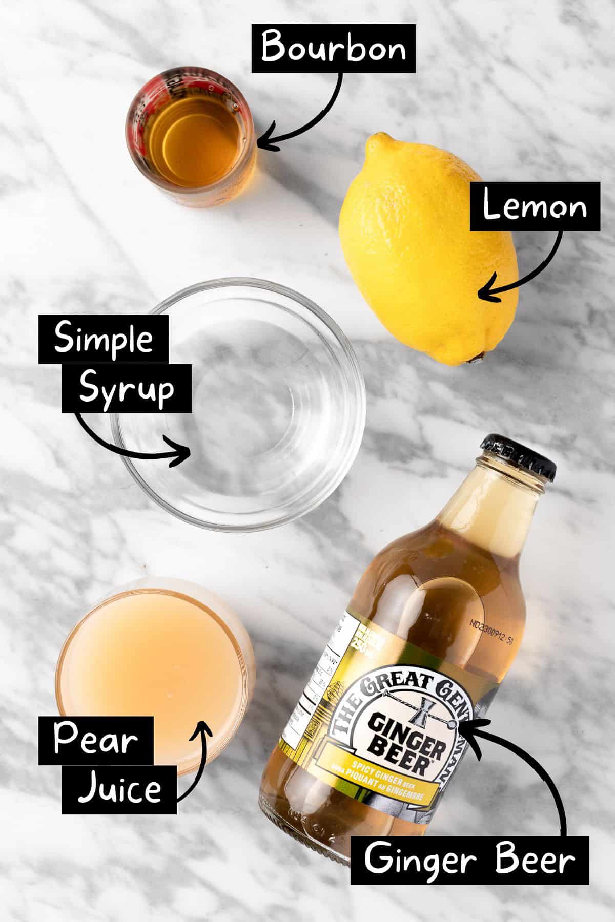 The ingredients needed to make the pear bourbon cocktail.